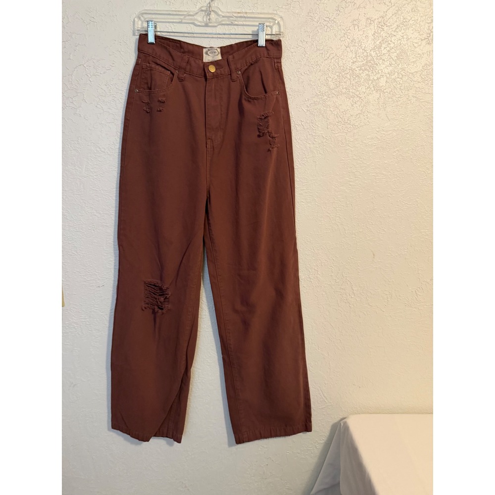 Mia Joy Joyfolie Womens Terracotta Brown Distressed Canvas Wide Leg Pants 27
